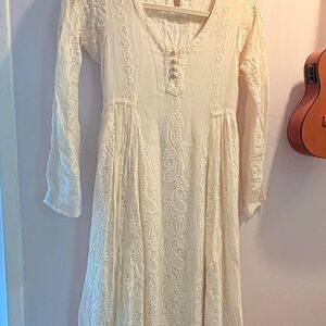vtg cream maxi dress paisley embroidered sheer bell sleeves boho hippie